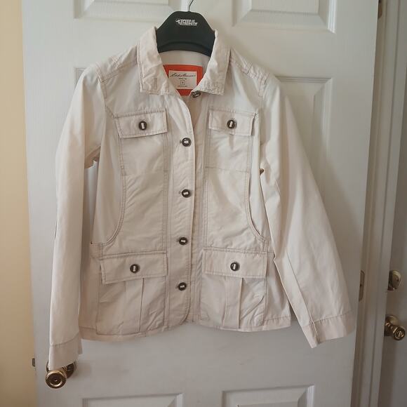 Eddie Bauer Women’s M Beige Safari Field Jacket Travex Patchwork Elbow Utility - Picture 2 of 14